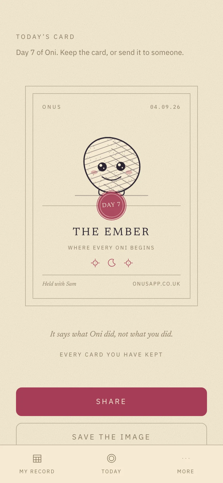 The card Oni draws when the day is closed, dated and stamped, ready to share or save.